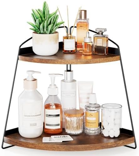 ProCase Wood Triangle Bathroom Counter Organizer 2 Tier Brown
