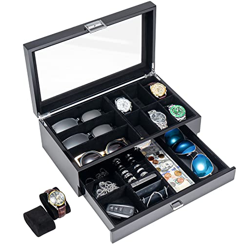 ProCase Lacquered Finish Wooden Men's Jewelry Box, Watch and Sunglasses Box Organizer for Men, 2-Tier Watch Holder Display Cases with Clear Glass
