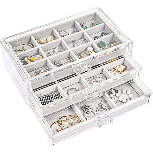ProCase Earring Organiser Jewellery Organizer Box with 3 Drawers, Acrylic Stackable Jewelry Holder Clear Earring Storage Case with Adjustable Trays