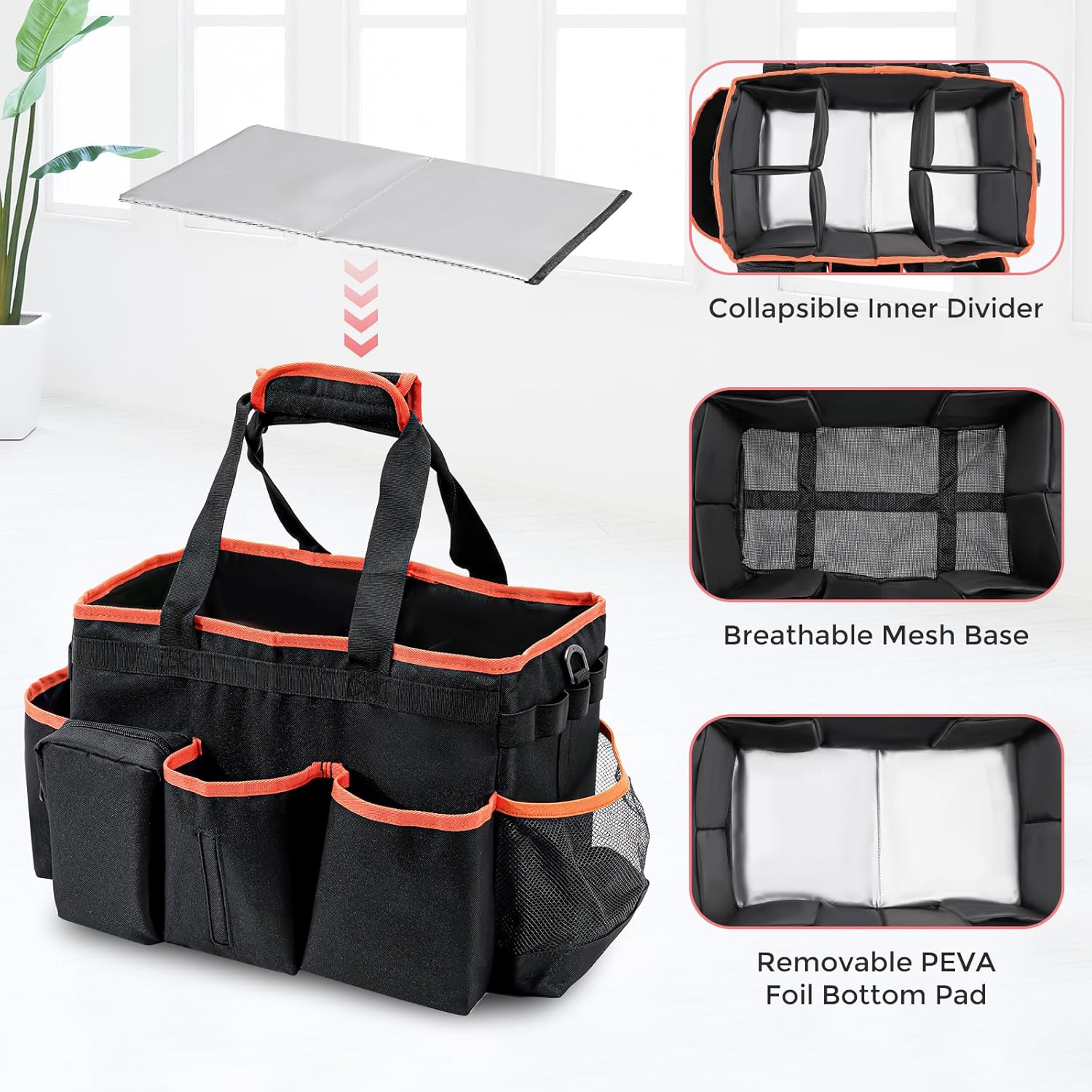 ProCase Foldable Cleaning Caddy Bag for Housekeepers Blackorange