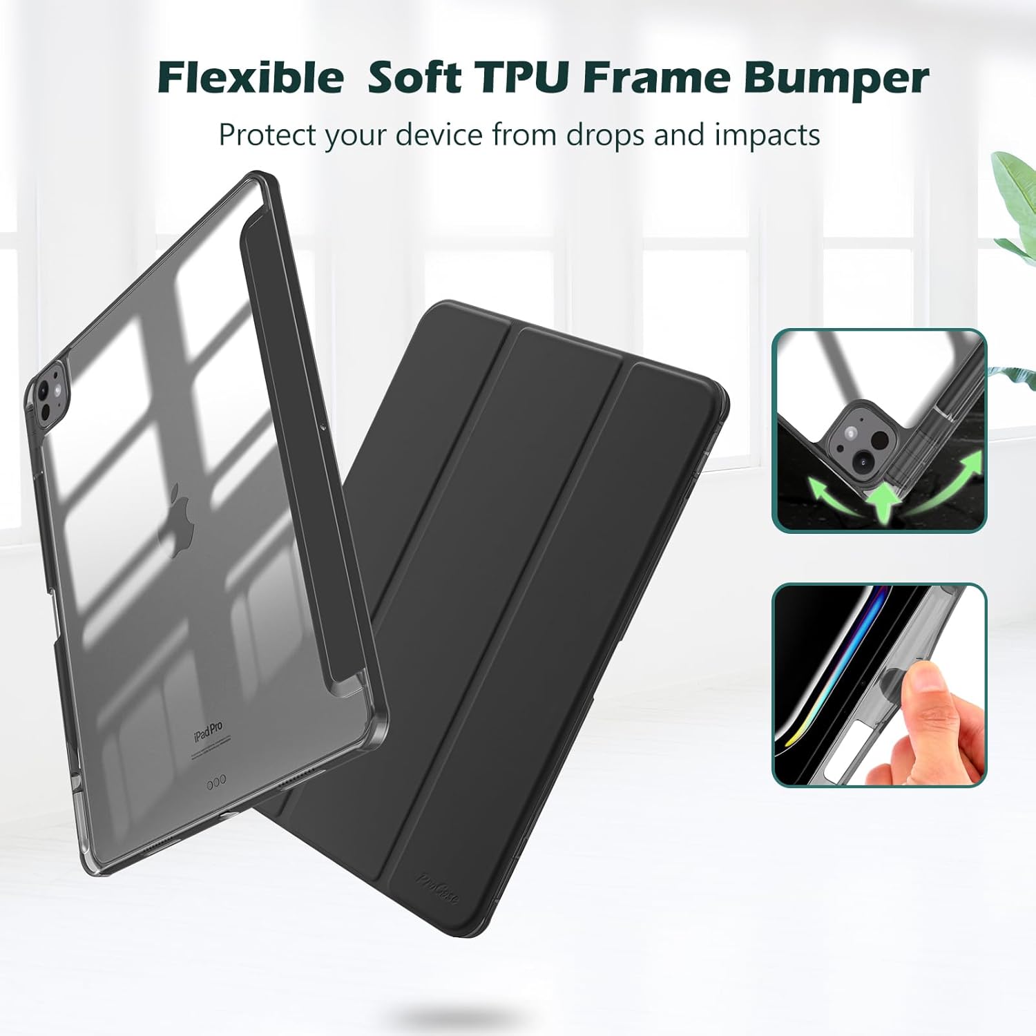 ProCase Smart Folio Protective Case iPad Pro 13" M4 7th Gen 2024  with Pencil Holder Black