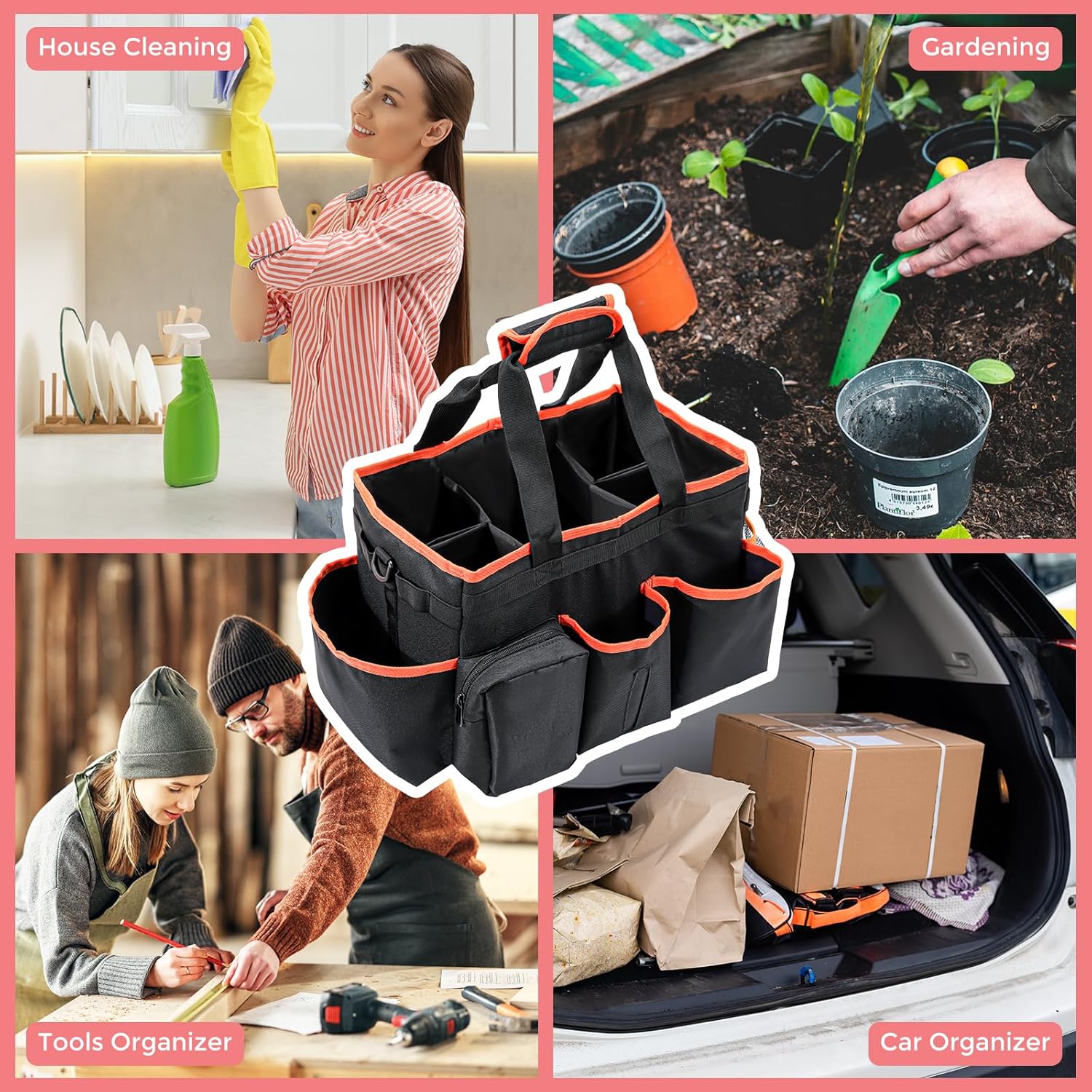 ProCase Foldable Cleaning Caddy Bag for Housekeepers Blackorange