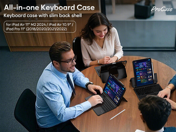 Two people using laptops with ProCase keyboard cases in an office setting.