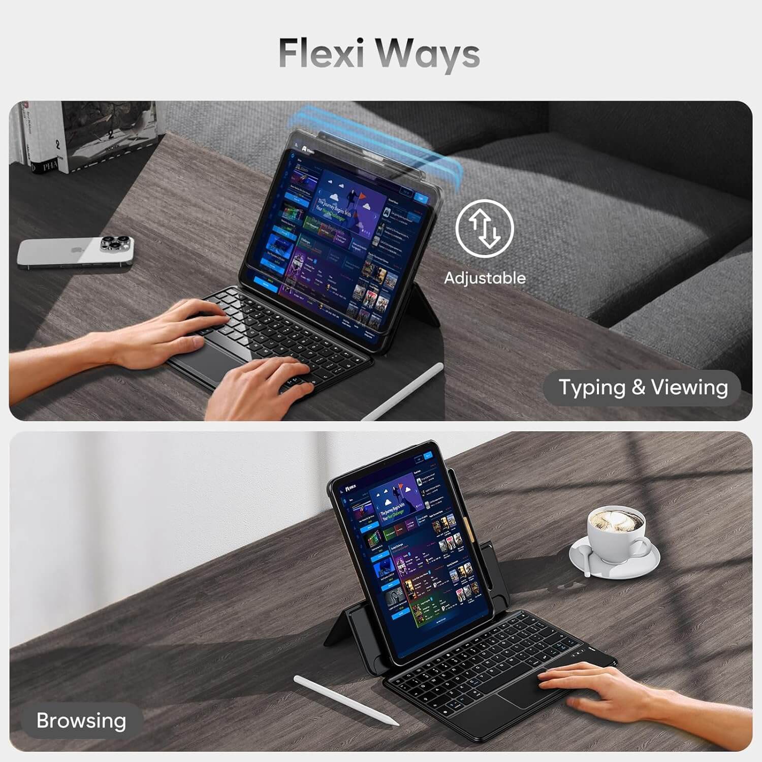 Two images showing a keyboard iPad  case, one on a couch and one on a table.