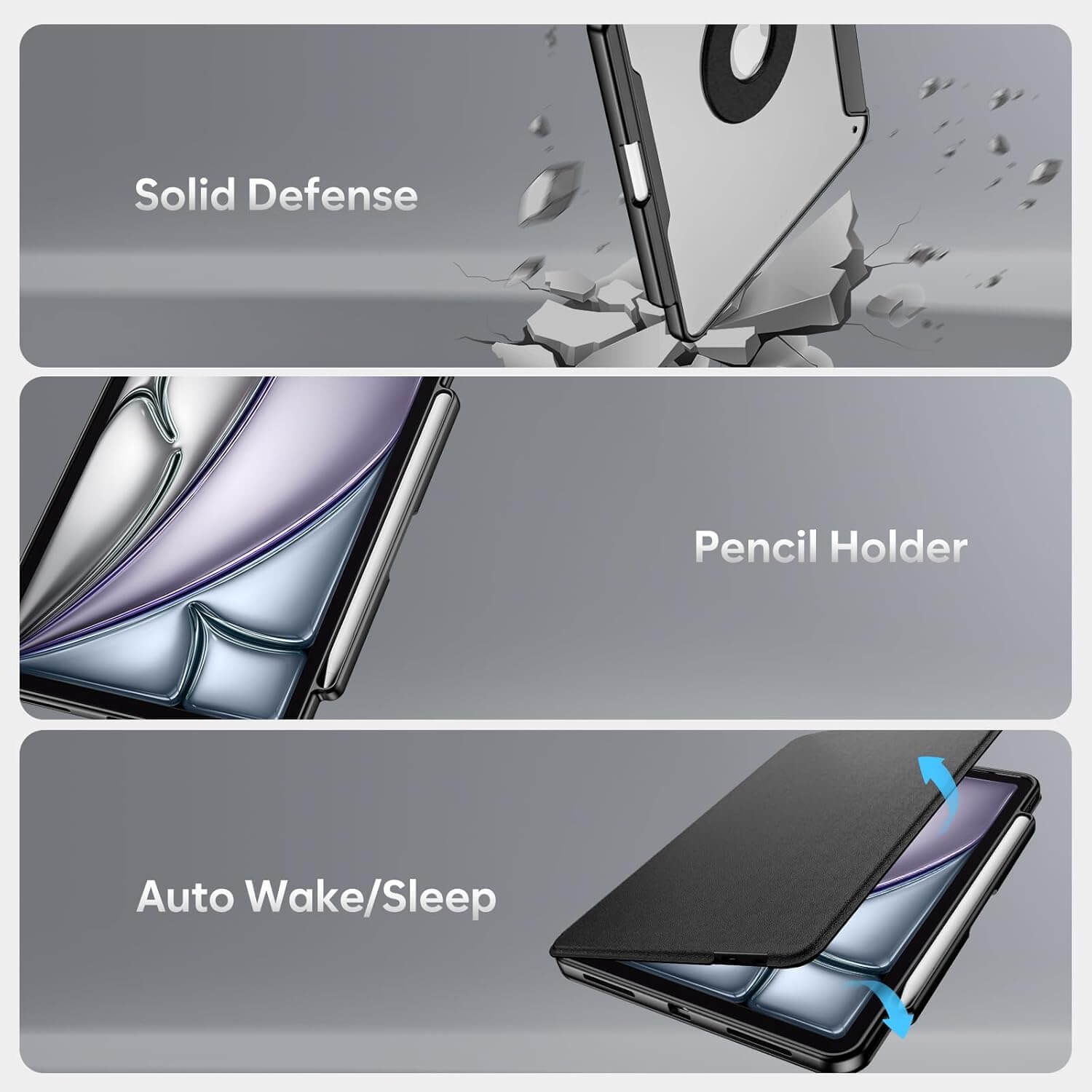 iPad keyboard case with features labeled 'Solid Defense', 'Pencil Holder', and 'Auto Wake/Sleep'.