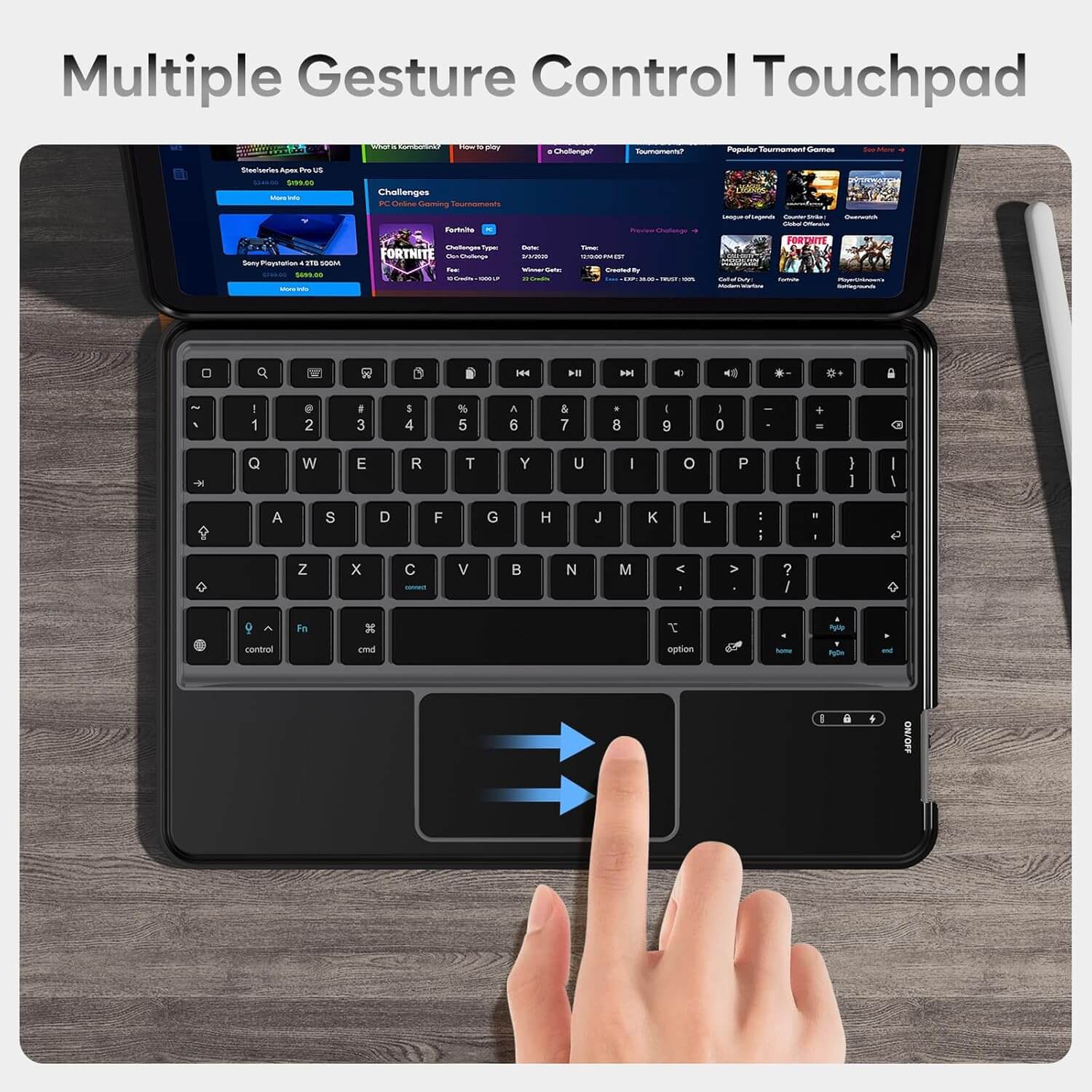 Laptop with a touchpad and keyboard on a wooden surface, showing gesture control.