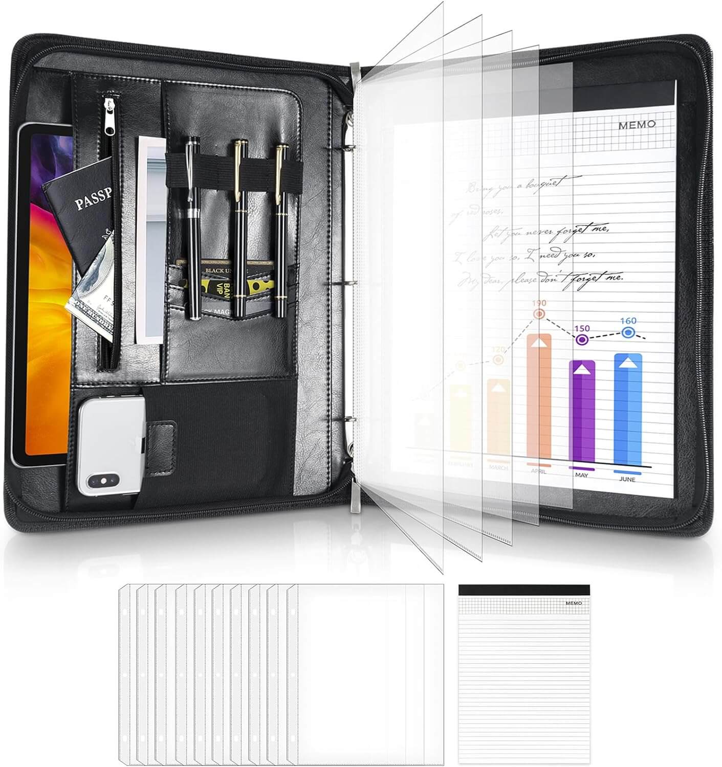 ProCase Business Portfolio 3 Ring Padfolio A4 Notepad Folder Black