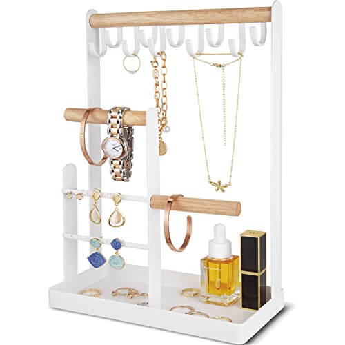 Jewelry Organizer Earrings Display Stand Wooden Rack with Hooks 4 Tiers  Jewelry Hooks Necklace Stand Rack