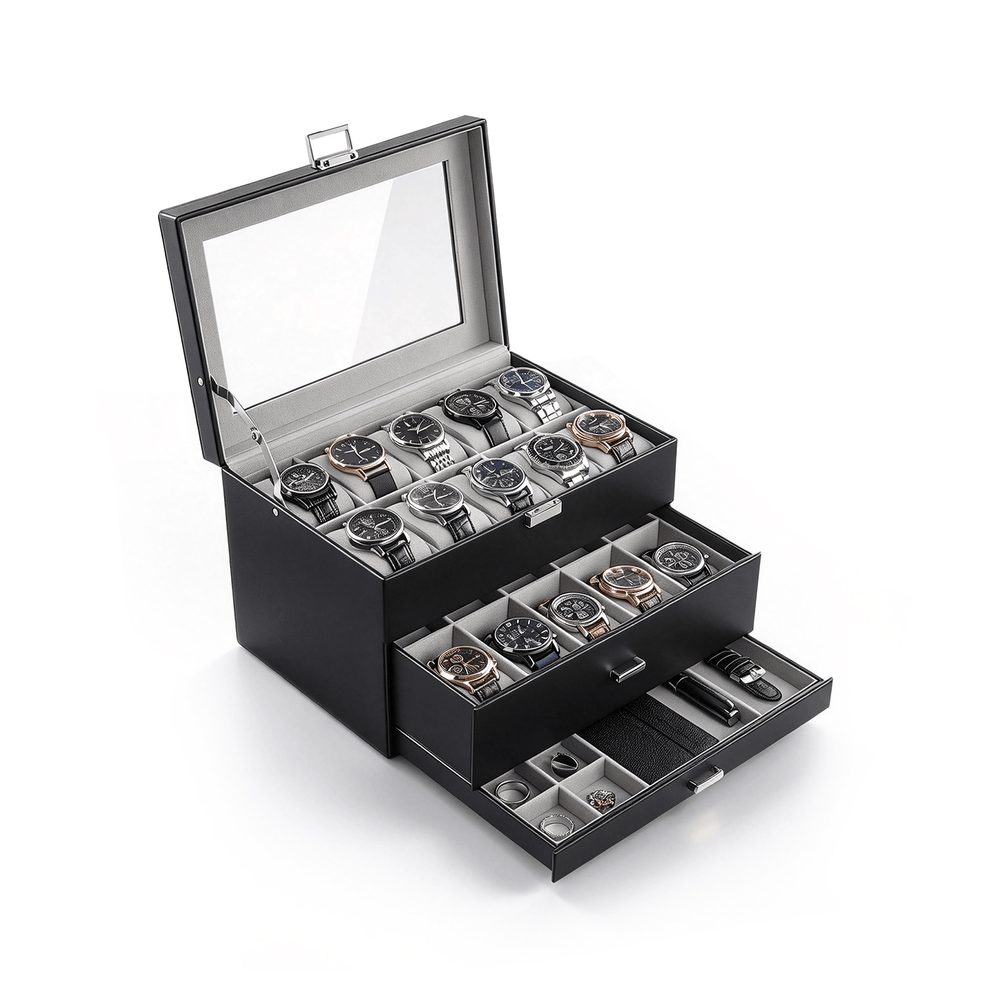 3-Layer 20 Slot Men's Watch Box with Drawer & Glass Lid | ProCase