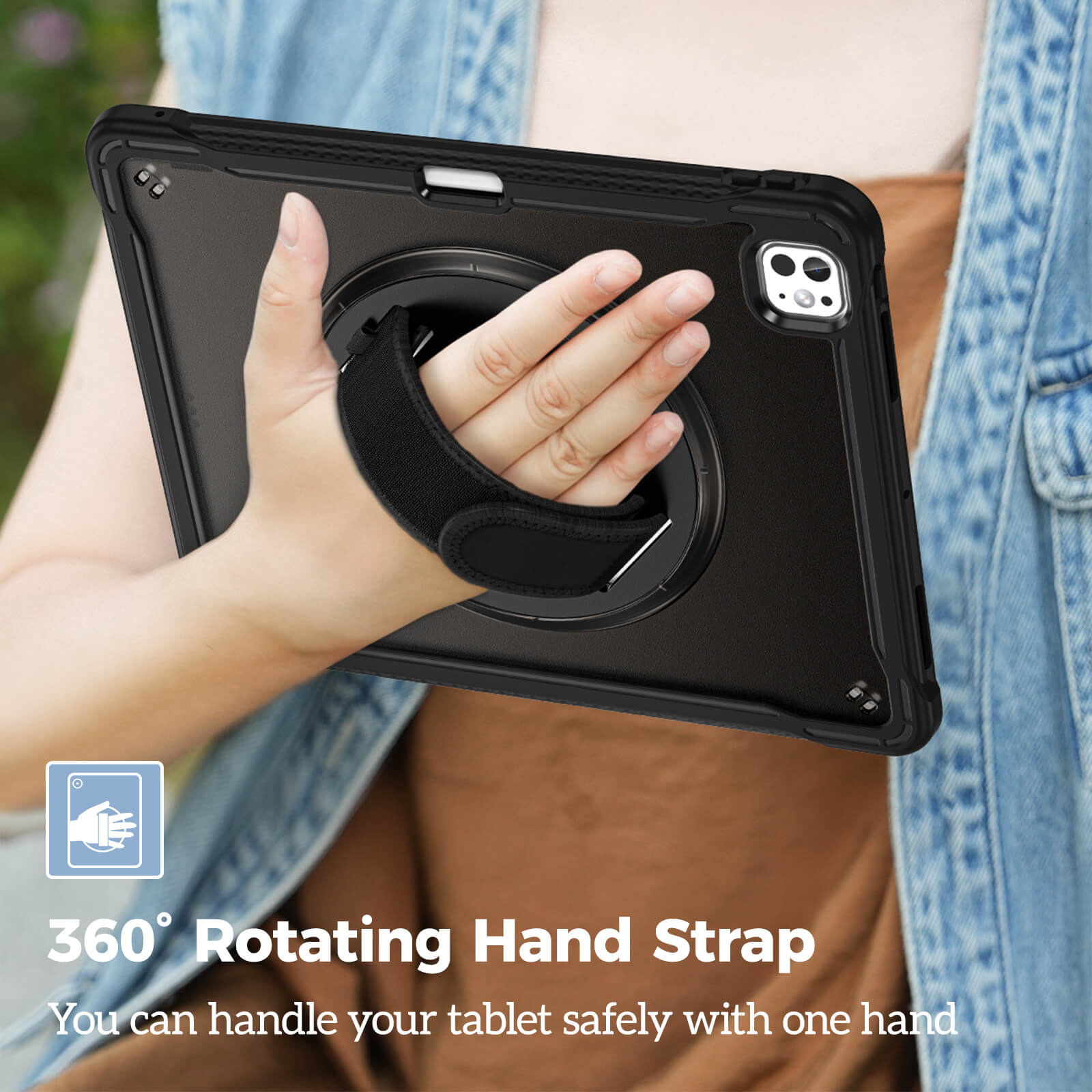 Black tablet case with 360-degree rotating hand strap held by a person.
