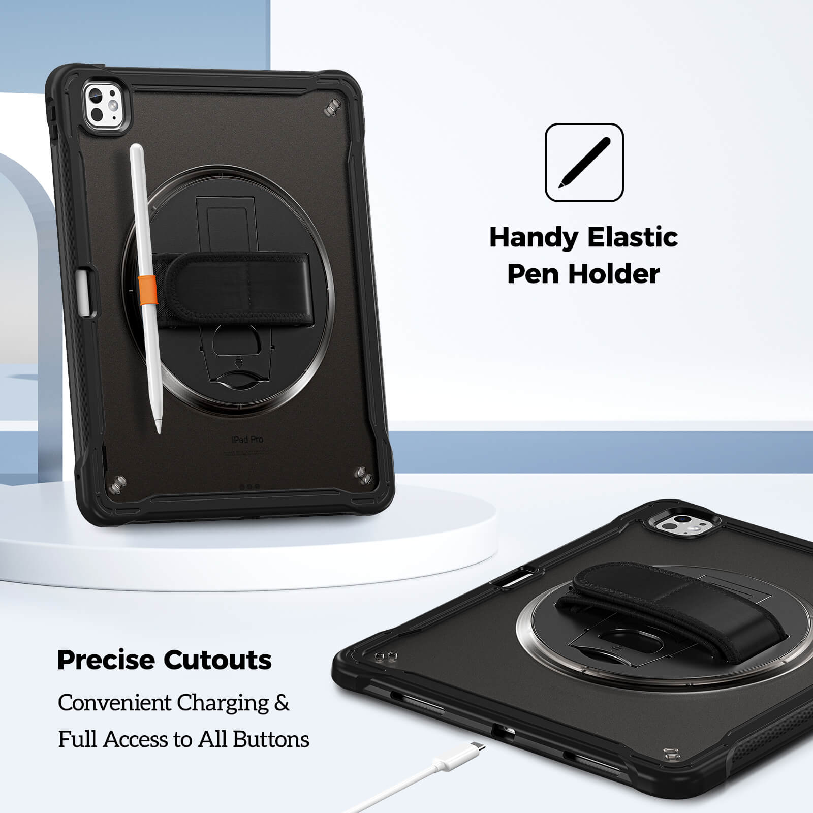 Black ipad pro 13" M4  tablet case with elastic pen holder and precise cutouts