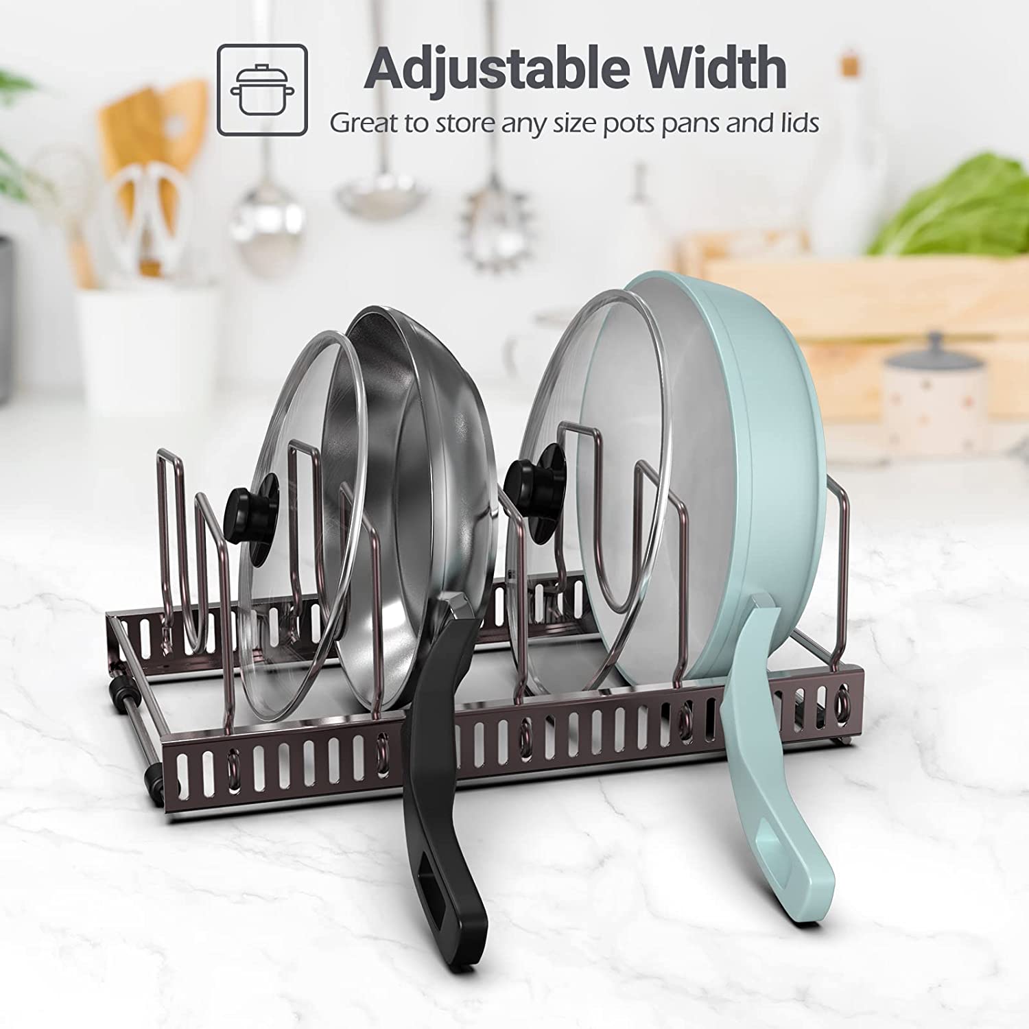 Pot Rack Pan Lid Organizer with 15 Adjustable Dividers