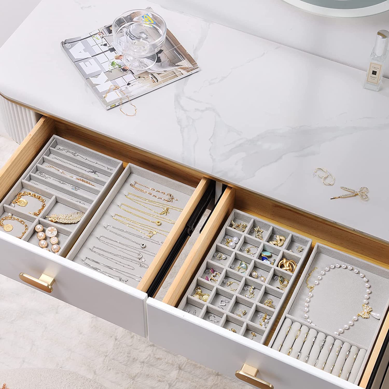 Jewelry Organizer Drawer Insert, Stackable Jewelry Tray with Drawers,  Accessories Storage Display Box, Set of 4 