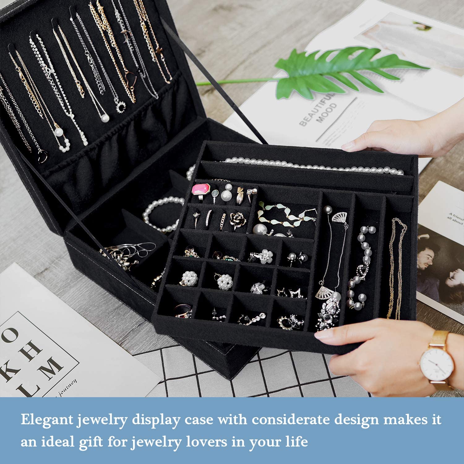 Jewelry Box Organizer, Travel Storage Case Necklace Holders Display Tray  Storage Case(BLACK)