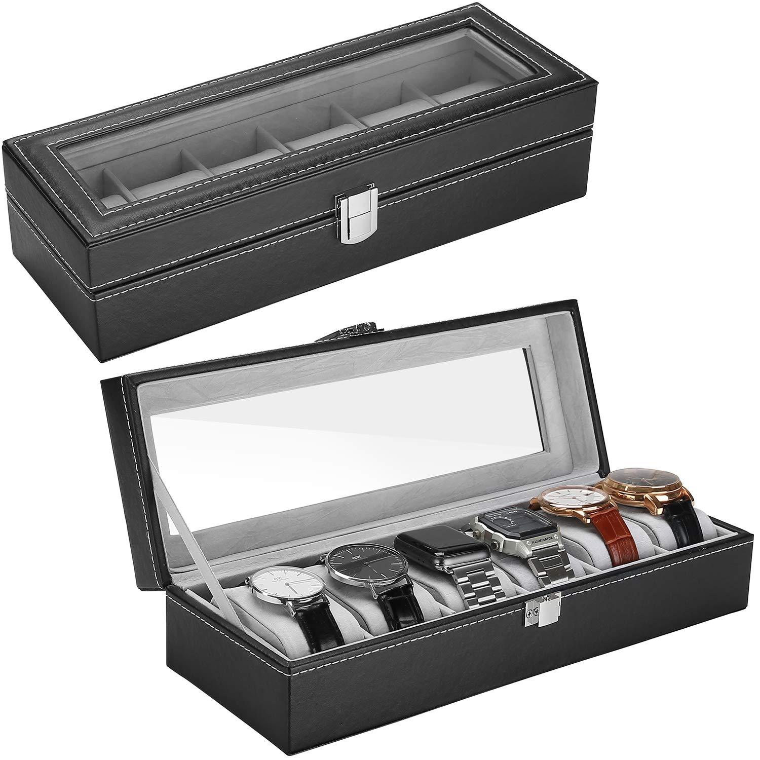 6 Slots PU Leather Watch Box with Crystal Glass Lid