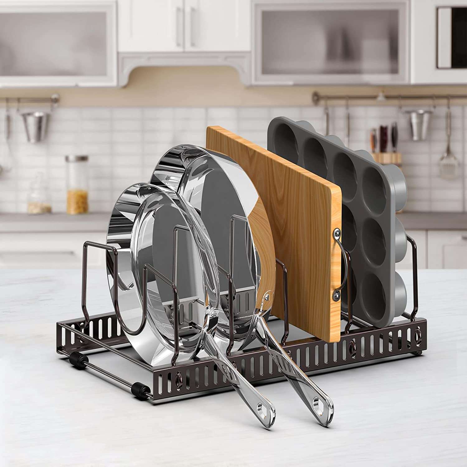 (3 Set) Pot Rack Pan Lid Organizer with 15 Adjustable Dividers | Puricon