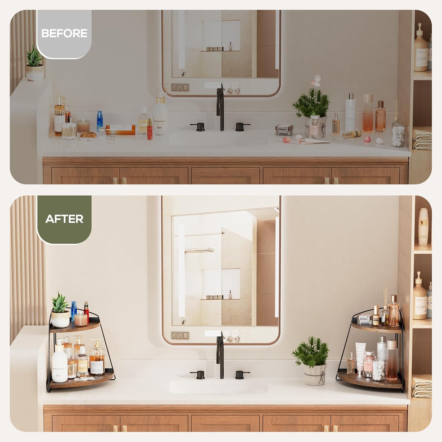 ProCase Wood Triangle Bathroom Counter Organizer 2 Tier Brown