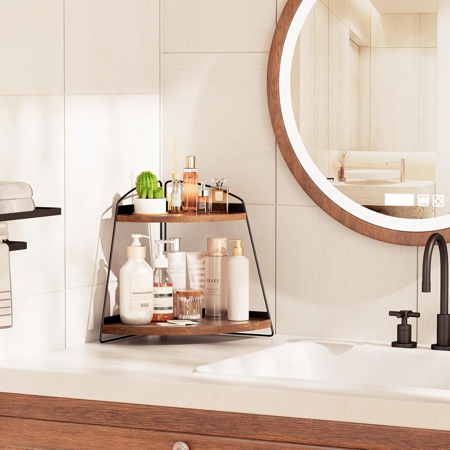 ProCase Wood Triangle Bathroom Counter Organizer 2 Tier Brown
