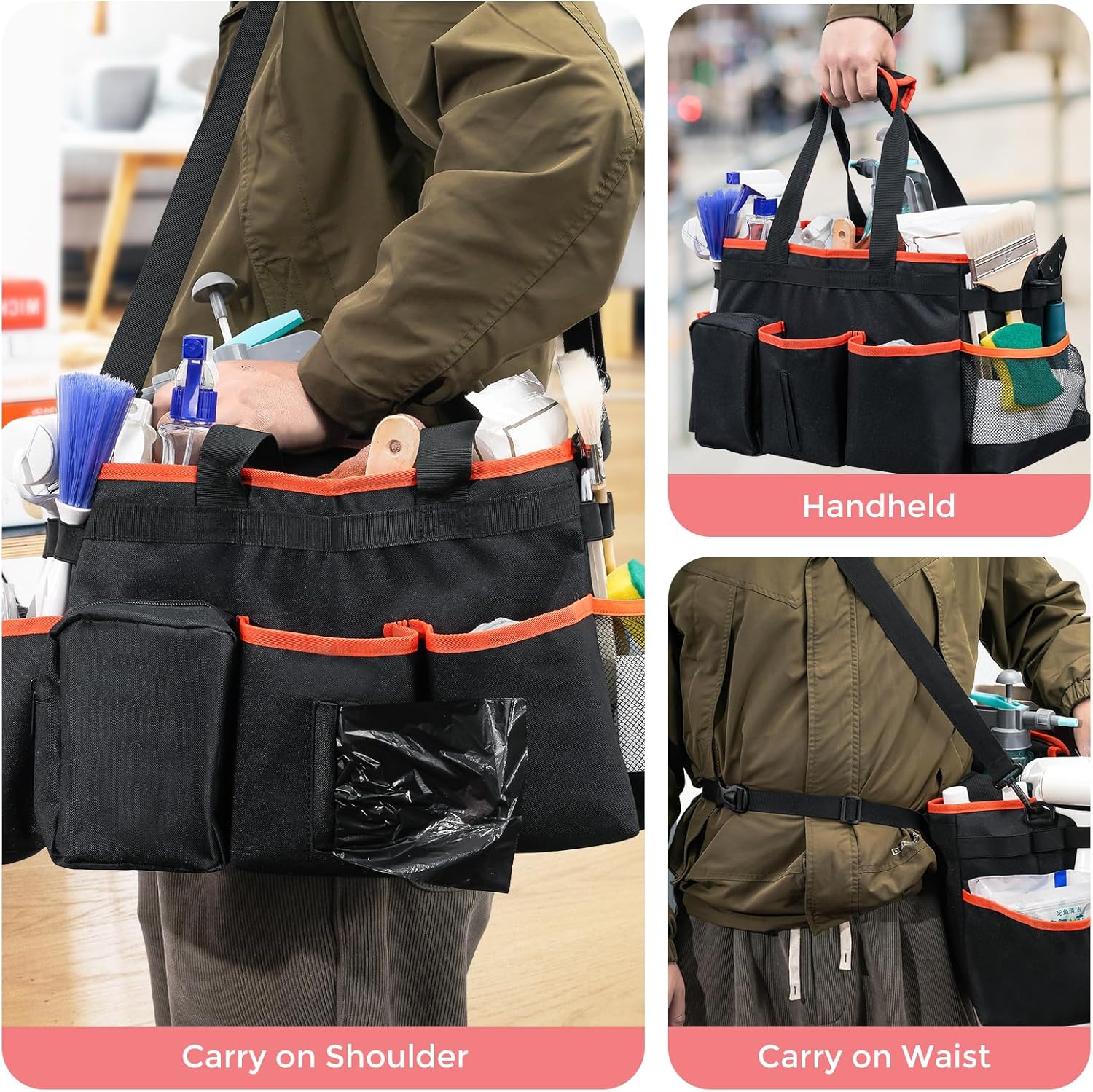 ProCase Foldable Cleaning Caddy Bag for Housekeepers Blackorange