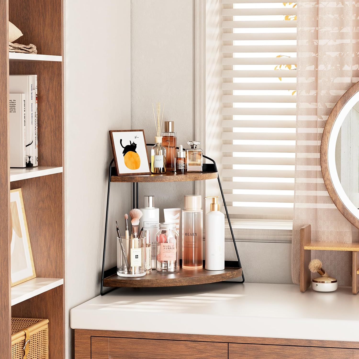 ProCase Wood Triangle Bathroom Counter Organizer 2 Tier Brown
