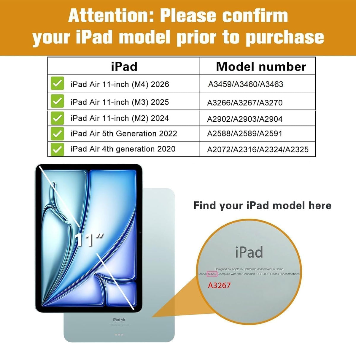 A product information graphic for iPad models. The top has an orange header with white text reading 'Attention: Please confirm your iPad model prior to purchase.