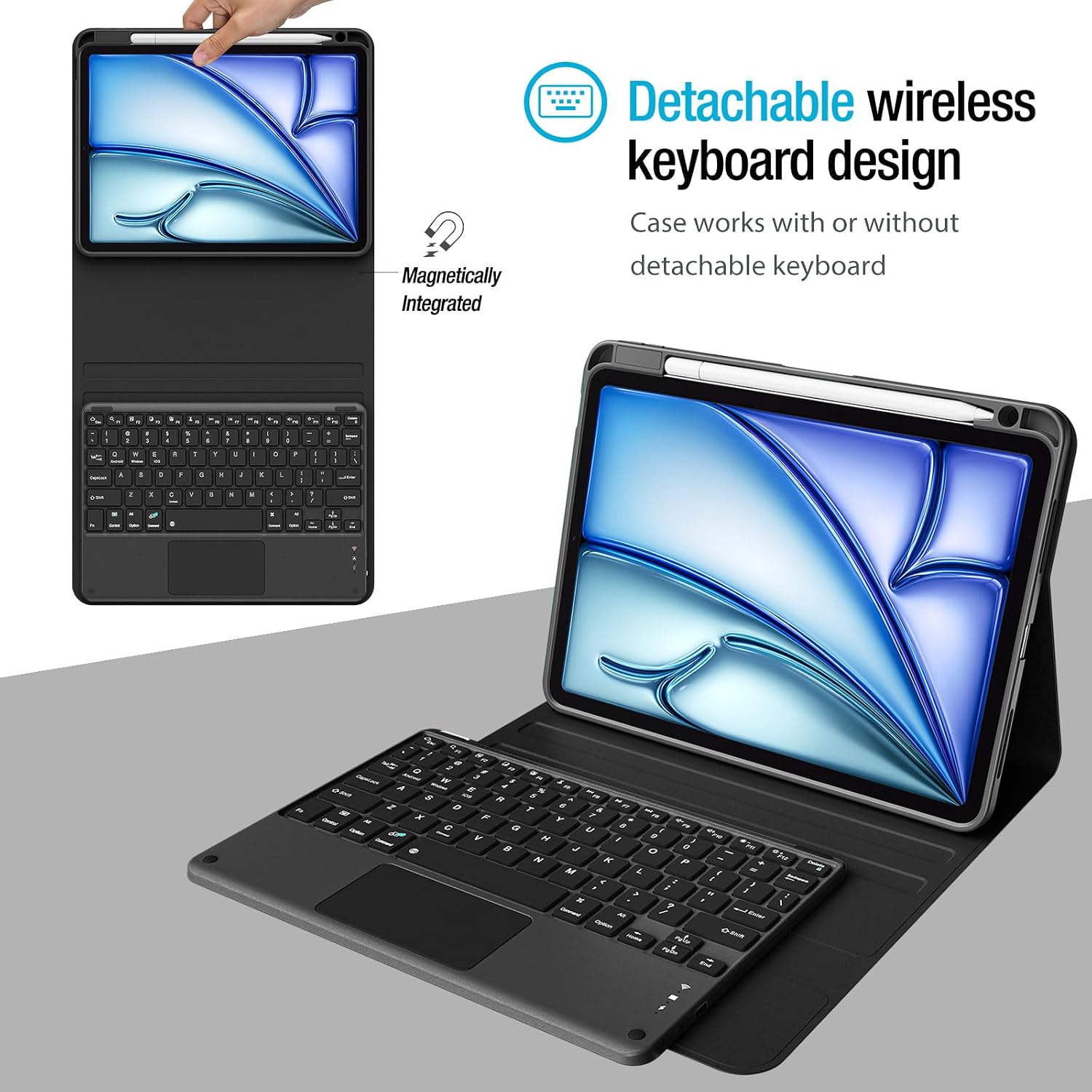 Black tablet case with integrated wireless keyboard and kickstand, shown with and without the detached keyboard on a light gray background.
