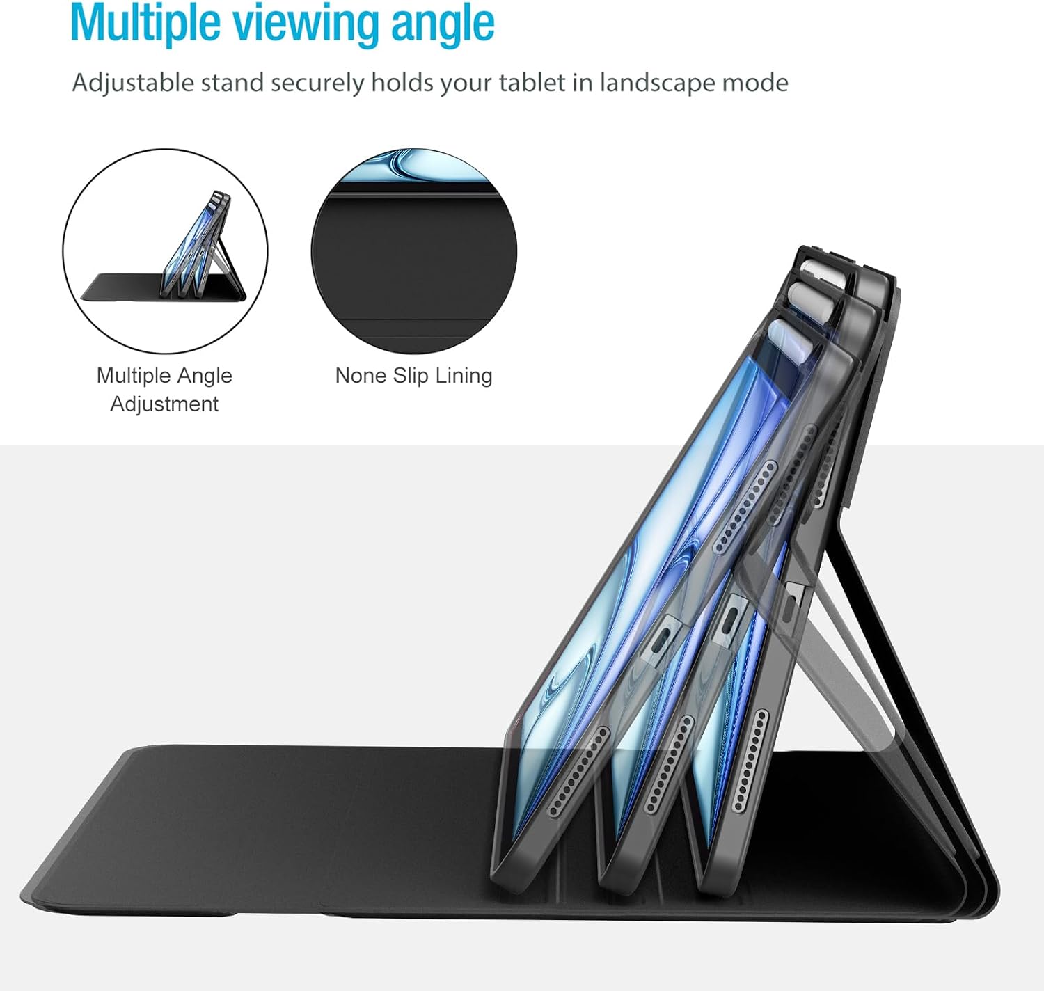 Black tablet folio case shown in a three-angle view on a light gray background