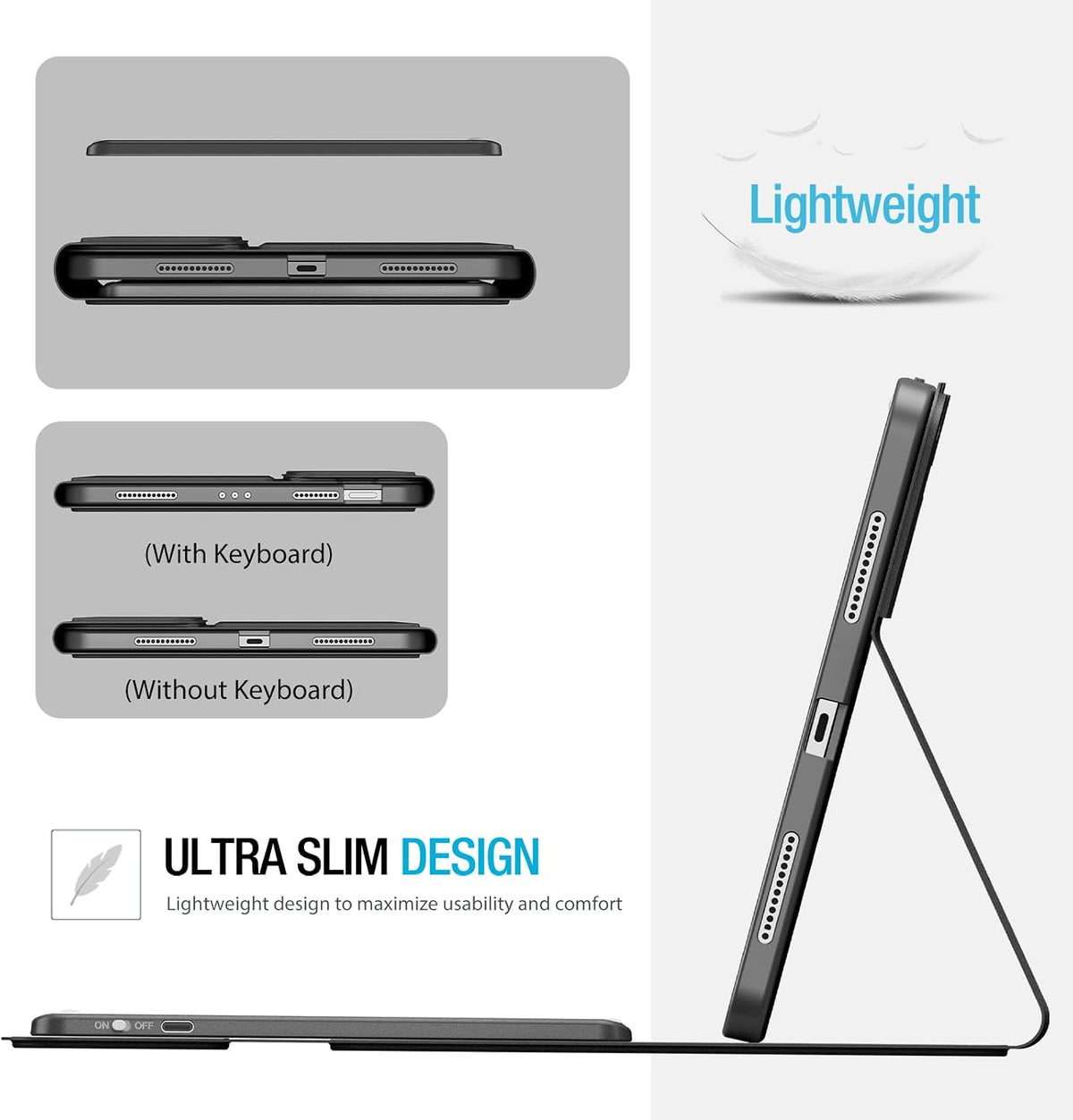 A dark gray slim tablet case shown in multiple views on a light gray background, including top-down and side-profile views with a stand. 'ULTRA SLIM DESIGN' 'Lightweight'