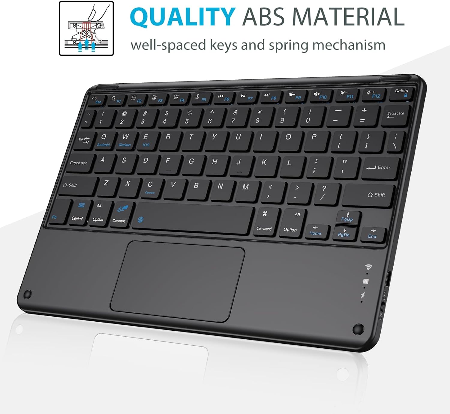 A black wireless mini keyboard with a touchpad, shown at an angle on a white background
