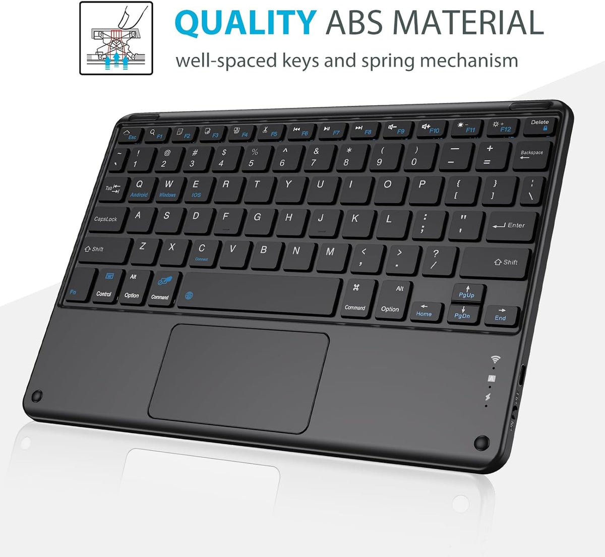 A black wireless mini keyboard with a touchpad, shown at an angle on a white background
