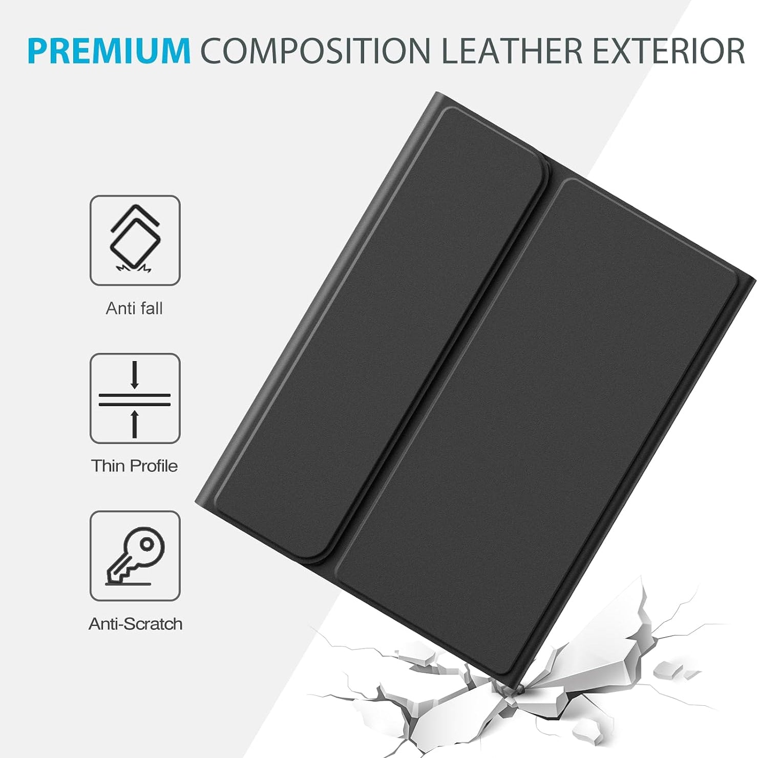 A black foldable leather tablet case shown at an angle on a light gray background with marketing text and feature icons for anti fall, thin profile, and anti scratch.