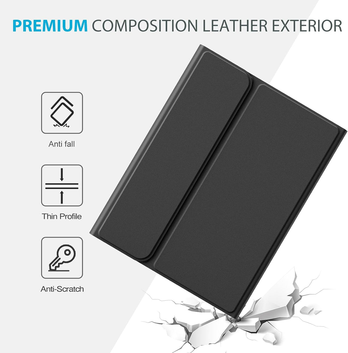 A black foldable leather tablet case shown at an angle on a light gray background with marketing text and feature icons for anti fall, thin profile, and anti scratch.
