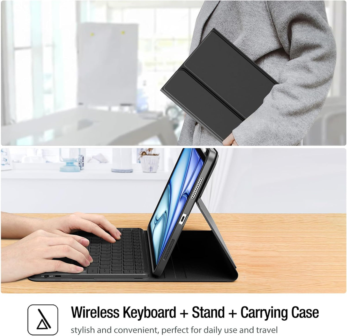 A black tablet keyboard case: being carried by a person and one attached to a tablet on a desk with hands typing. 'Wireless Keyboard + Stand + Carrying Case' with a small product icon.