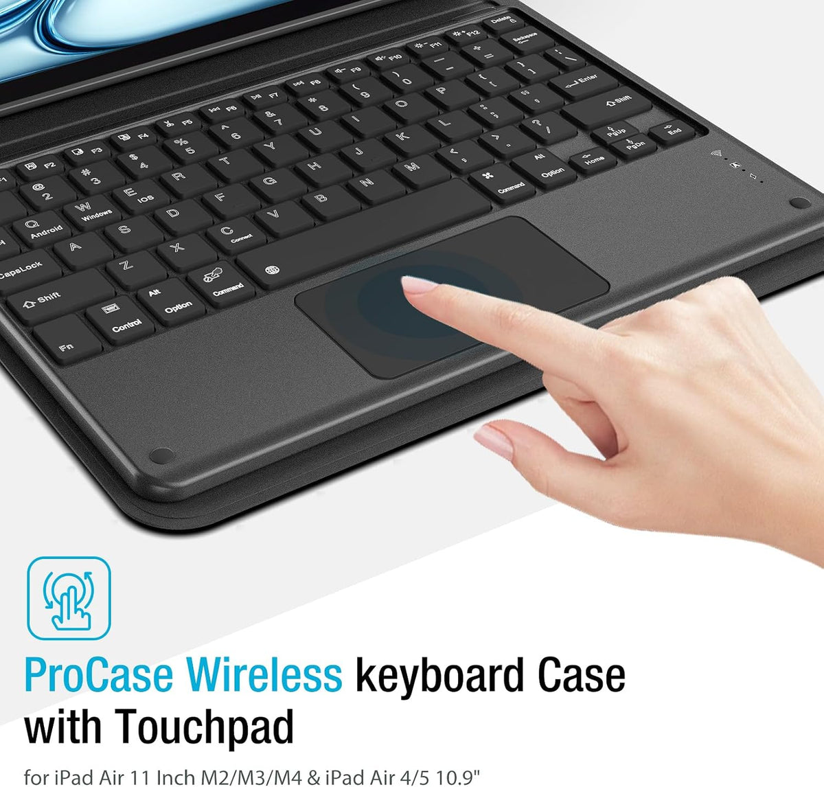 Black wireless keyboard case with a built-in touchpad, shown attached to a laptop keyboard with a hand touching the touchpad.