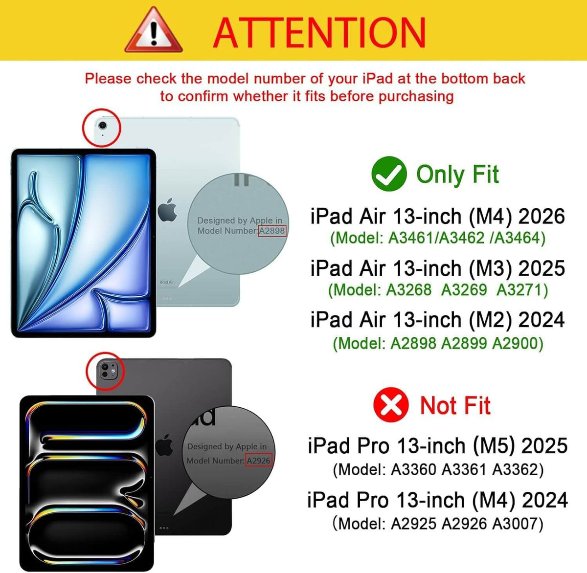 Compatibility warning graphic for iPad model numbers, showing an iPad Air 13-inch labeled 'Only Fit' with compatible models listed in green text, and an iPad Pro 13-inch labeled 'Not Fit' with compatible models listed in red text. Includes a yellow ATTENTION header and explanatory text.