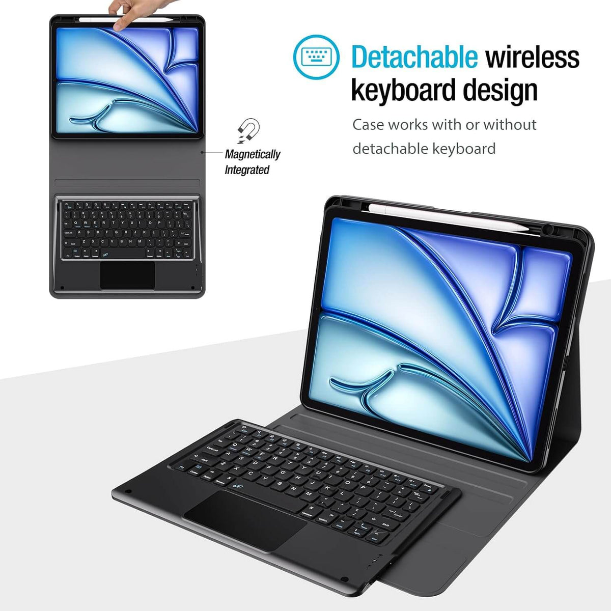 iPad Air 13 Inch M4/M3/M2 keyboard case shown with and without a detachable wireless keyboard, on a light gray background with marketing text. A hand is visible holding the smaller inset version of the case.