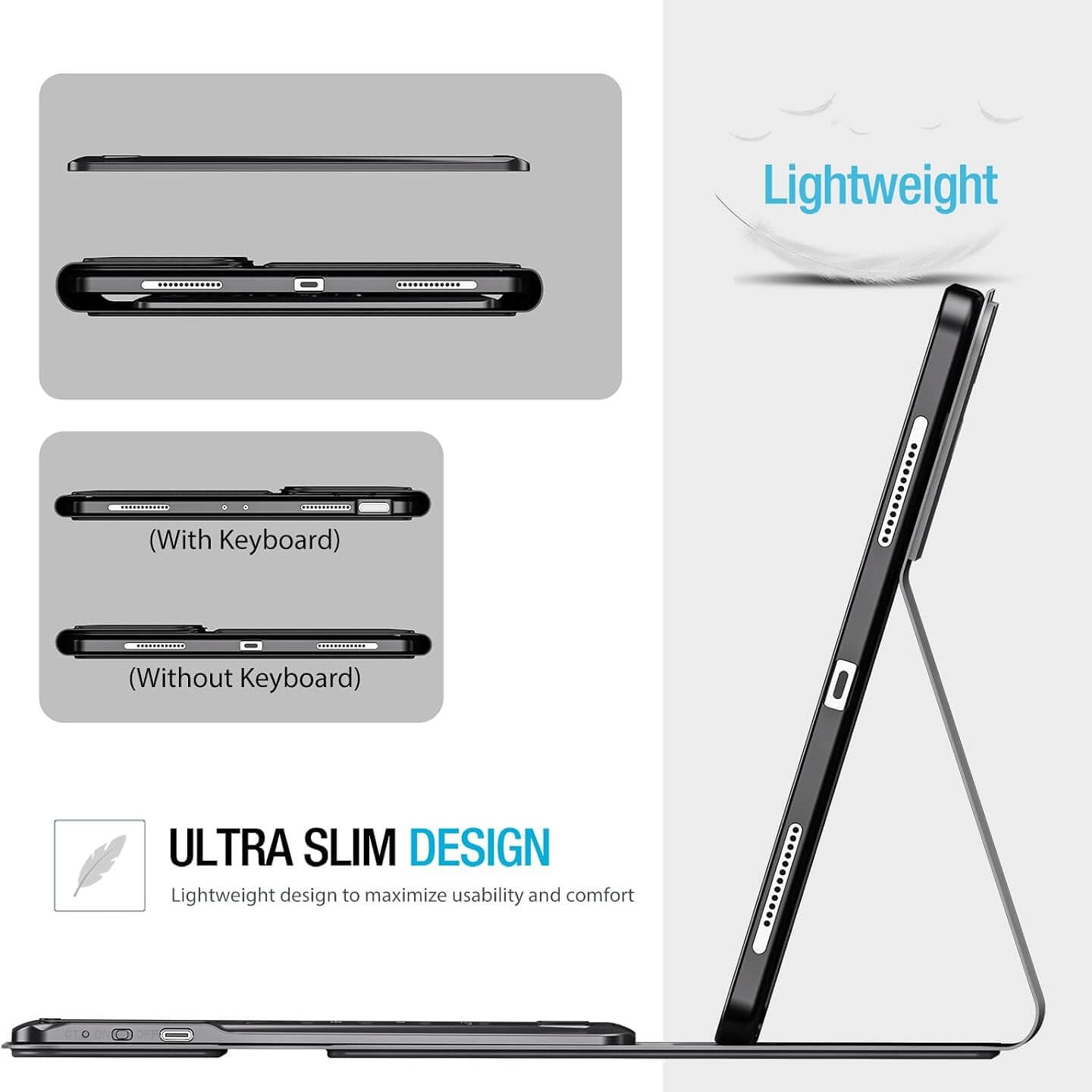 iPad Air 13 Inch M4/M3/M2 keyboard case shown in multiple views on a light gray background, including side profile, top view, and views with/without a keyboard. Text highlights lightweight design and ultra slim design.