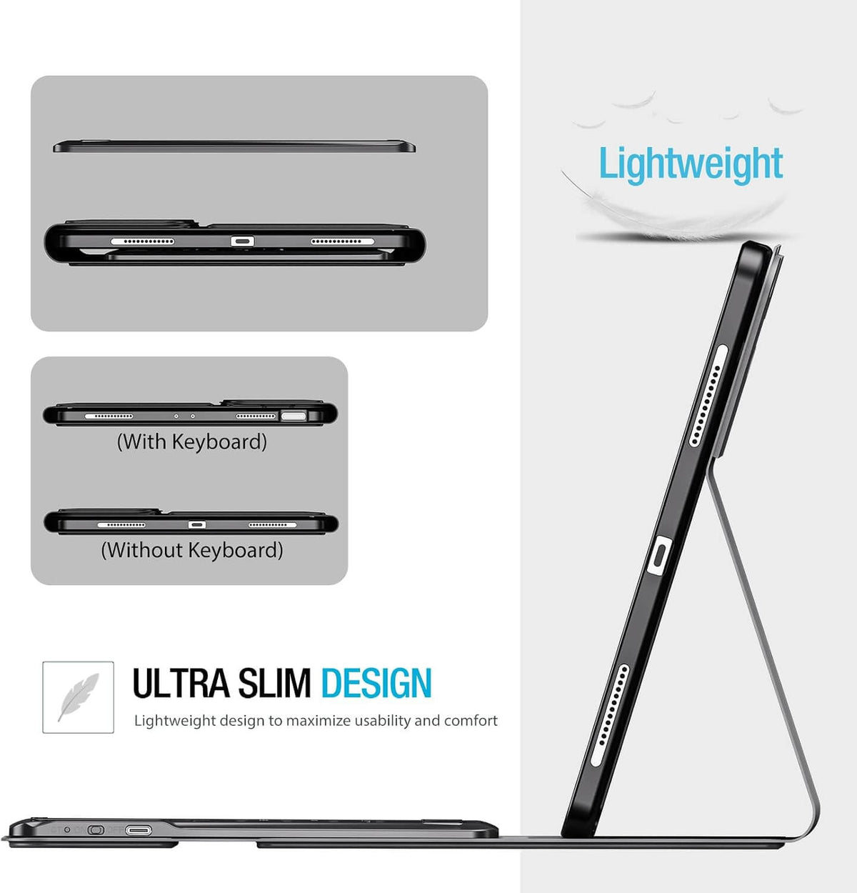 iPad Air 13 Inch M4/M3/M2 keyboard case shown in multiple views on a light gray background, including side profile, top view, and views with/without a keyboard. Text highlights lightweight design and ultra slim design.