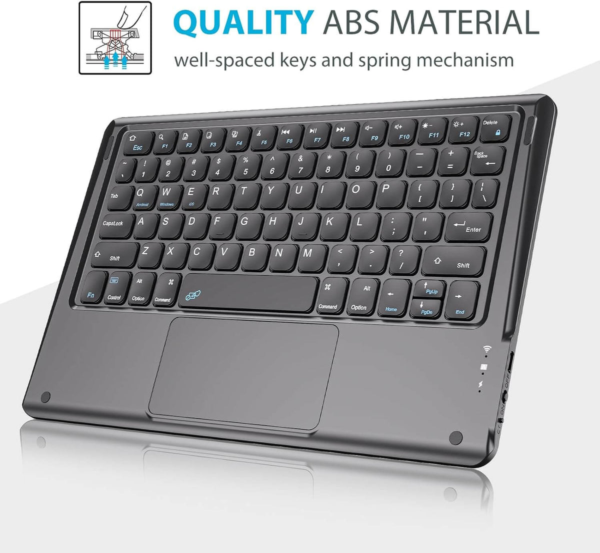 A dark gray wireless tablet keyboard with a touchpad, shown at an angle on a white background with promotional text and a small diagram in the top left corner.