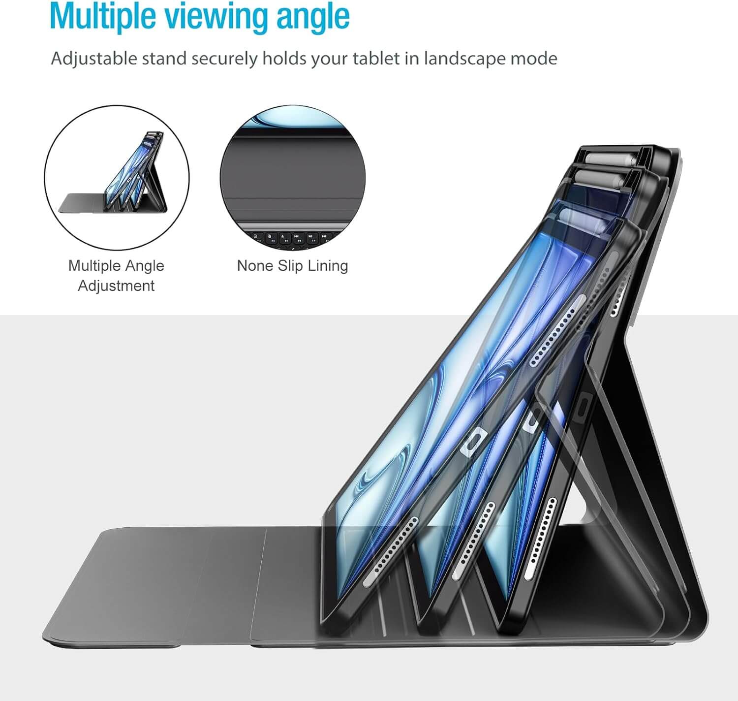 Black iPad Air 13 Inch M4/M3/M2 keyboard case  shown in multiple angles on a light gray background, with text and circular inset callouts highlighting adjustable viewing angles and slip-resistant lining.