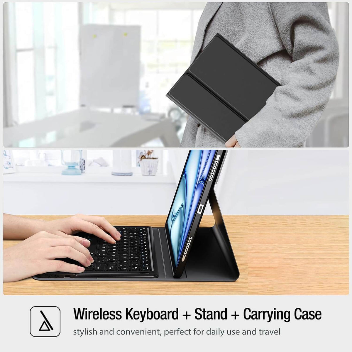 A black iPad Air 13 Inch M4/M3/M2 keyboard case with an attached wireless keyboard and fold-out stand, shown in a split lifestyle/demo layout: one top panel shows a person holding the case, and the bottom panel shows hands typing on the keyboard at a desk. Text at the bottom reads 'Wireless Keyboard + Stand + Carrying Case' with a small feature icon.