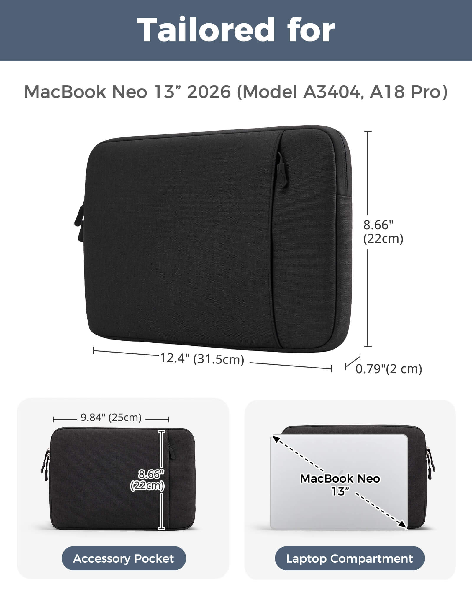 Laptop Sleeve for MacBook Neo 13 inch 2026 (Model A3404, A18 Pro), black