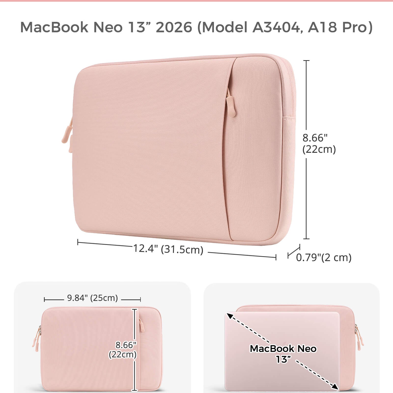 Laptop Sleeve for MacBook Neo 13 inch 2026 (Model A3404, A18 Pro), pink