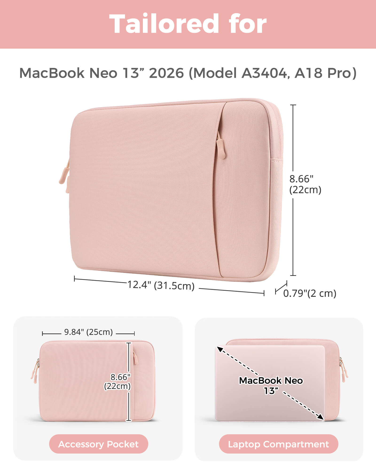 Laptop Sleeve for MacBook Neo 13 inch 2026 (Model A3404, A18 Pro), pink