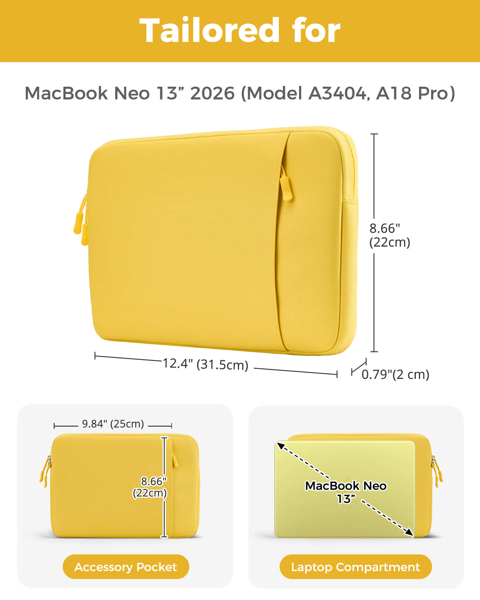 Laptop Sleeve for MacBook Neo 13 inch 2026 (Model A3404, A18 Pro), yellow