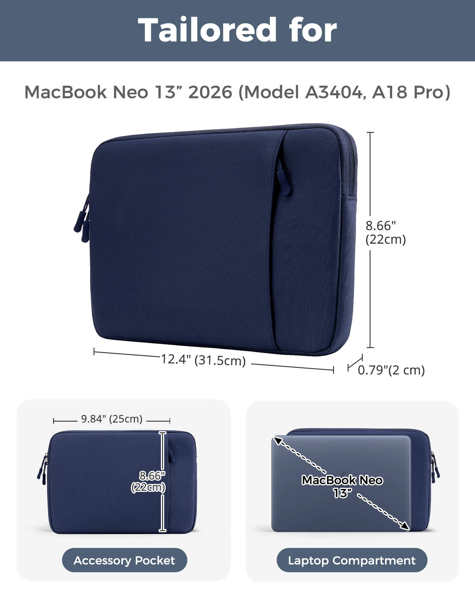 Laptop Sleeve for MacBook Neo 13 inch 2026 (Model A3404, A18 Pro), navy
