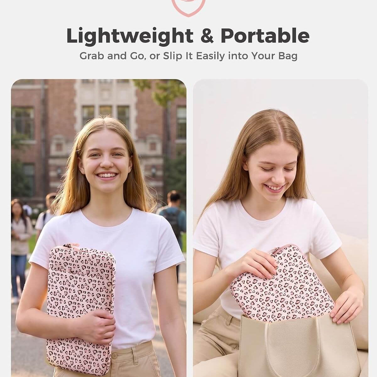 A promotional graphic showing a woman in a white T-shirt holding and demonstrating a patterned zippered pouch. The left panel shows her outdoors holding the pouch, and the right panel shows her indoors sliding the pouch into a beige tote bag.