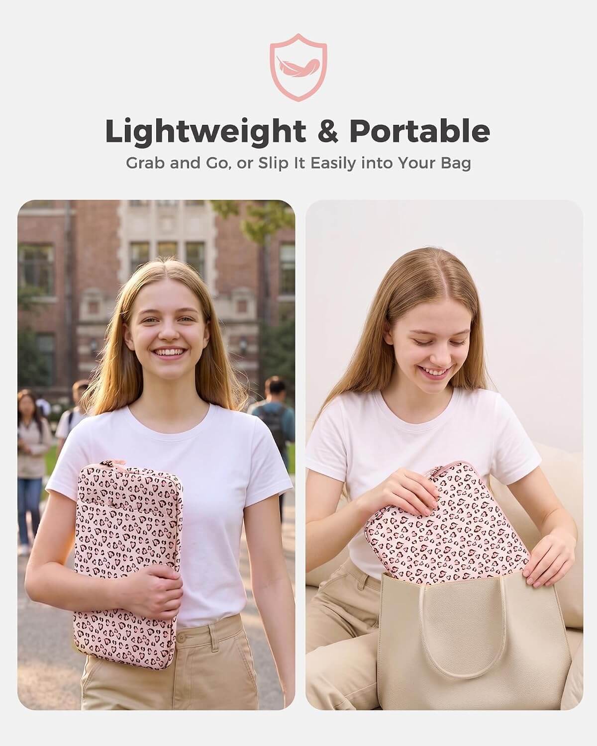 A promotional graphic showing a woman in a white T-shirt holding and demonstrating a patterned zippered pouch. The left panel shows her outdoors holding the pouch, and the right panel shows her indoors sliding the pouch into a beige tote bag.