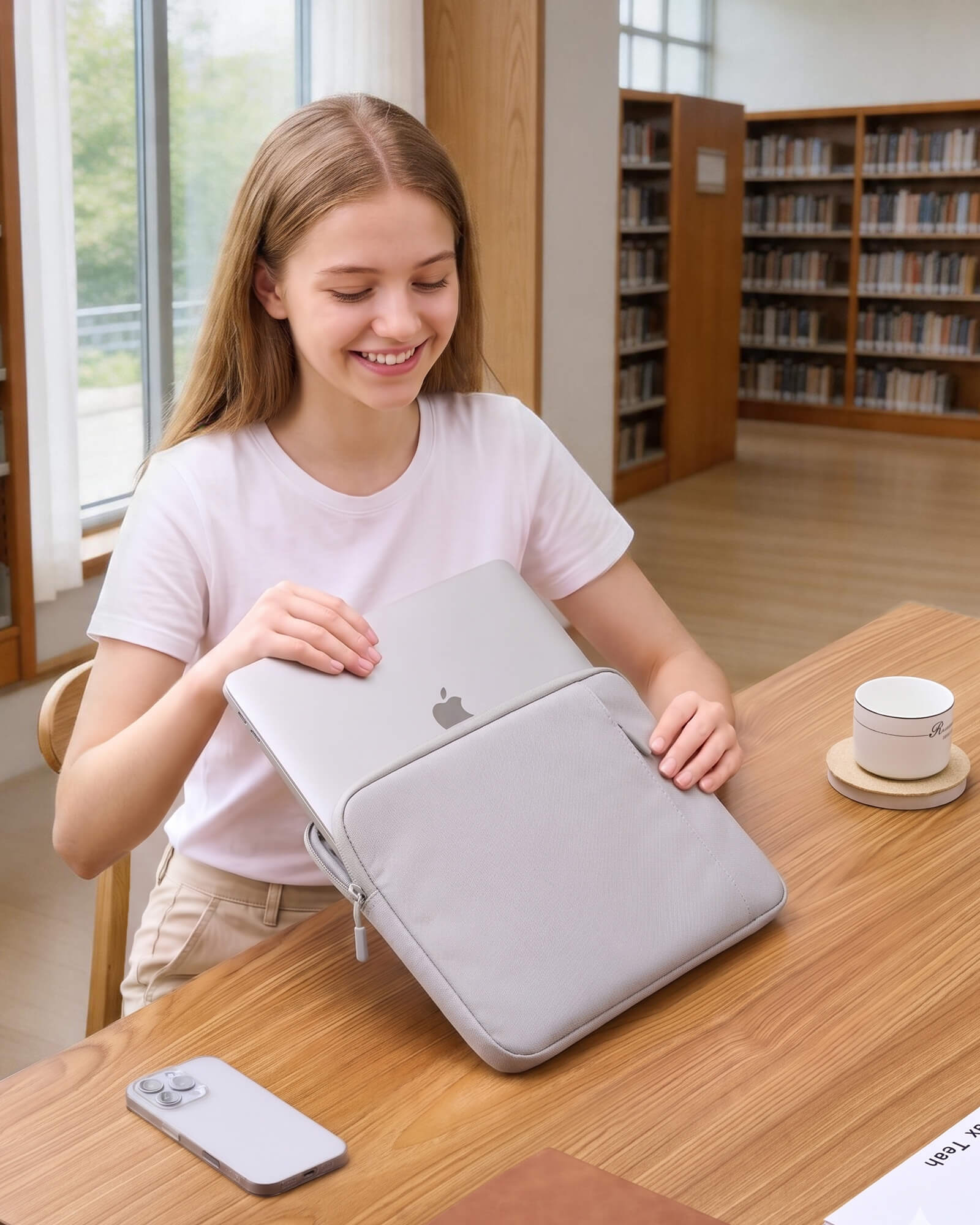 Girl holding a gray laptop case in a library setting