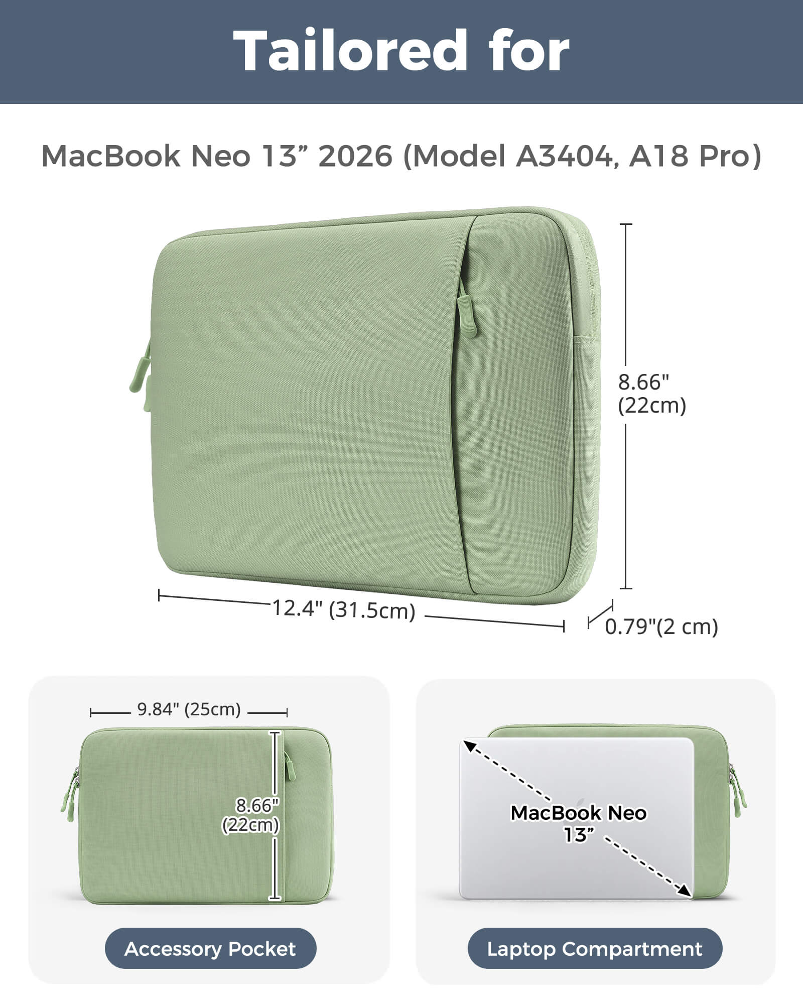 Laptop Sleeve for MacBook Neo 13 inch 2026 (Model A3404, A18 Pro), green